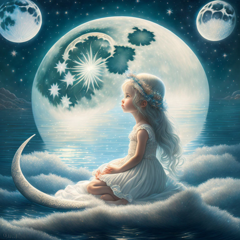 Young girl in white dress on crescent moon surrounded by stars and moons in a dreamy scene