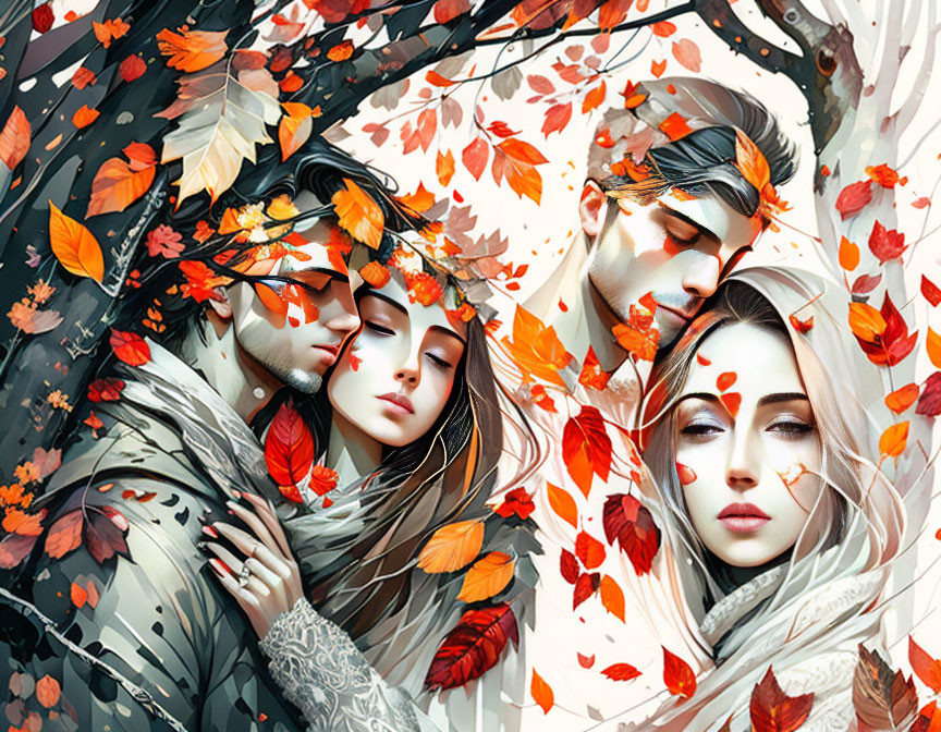 Romantic autumn scene with swirling leaves and two couples