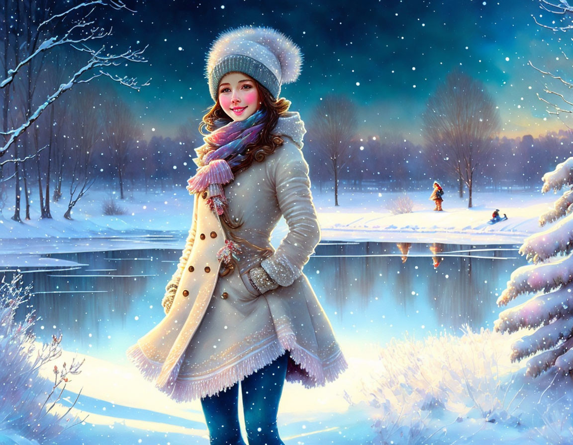 Smiling woman in winter attire by frozen lake at dusk