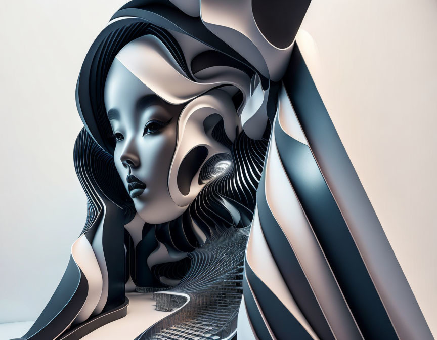 Surreal 3D illustration of stylized female figure in monochrome ribbon forms