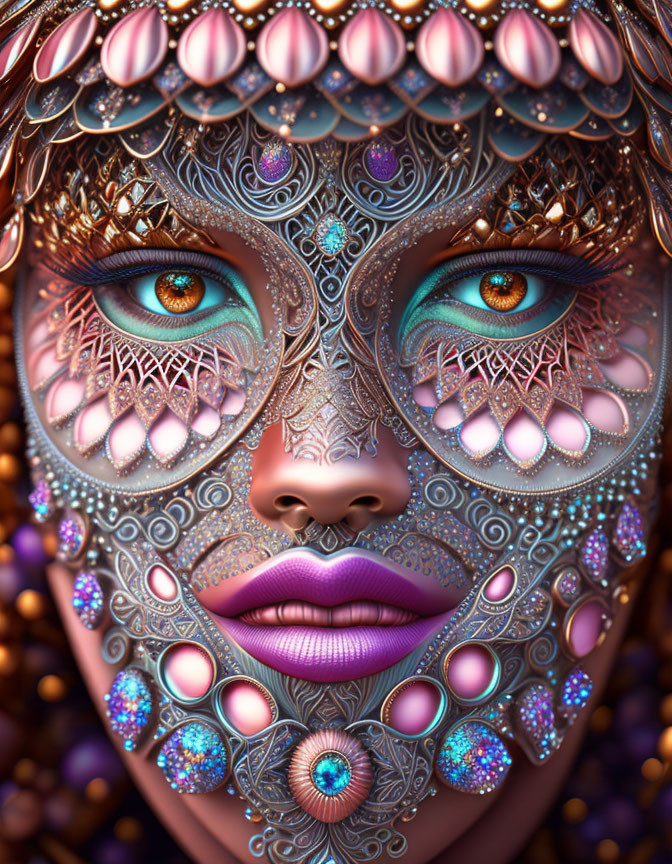 Detailed digital artwork: Face with metallic filigree mask, vibrant colors