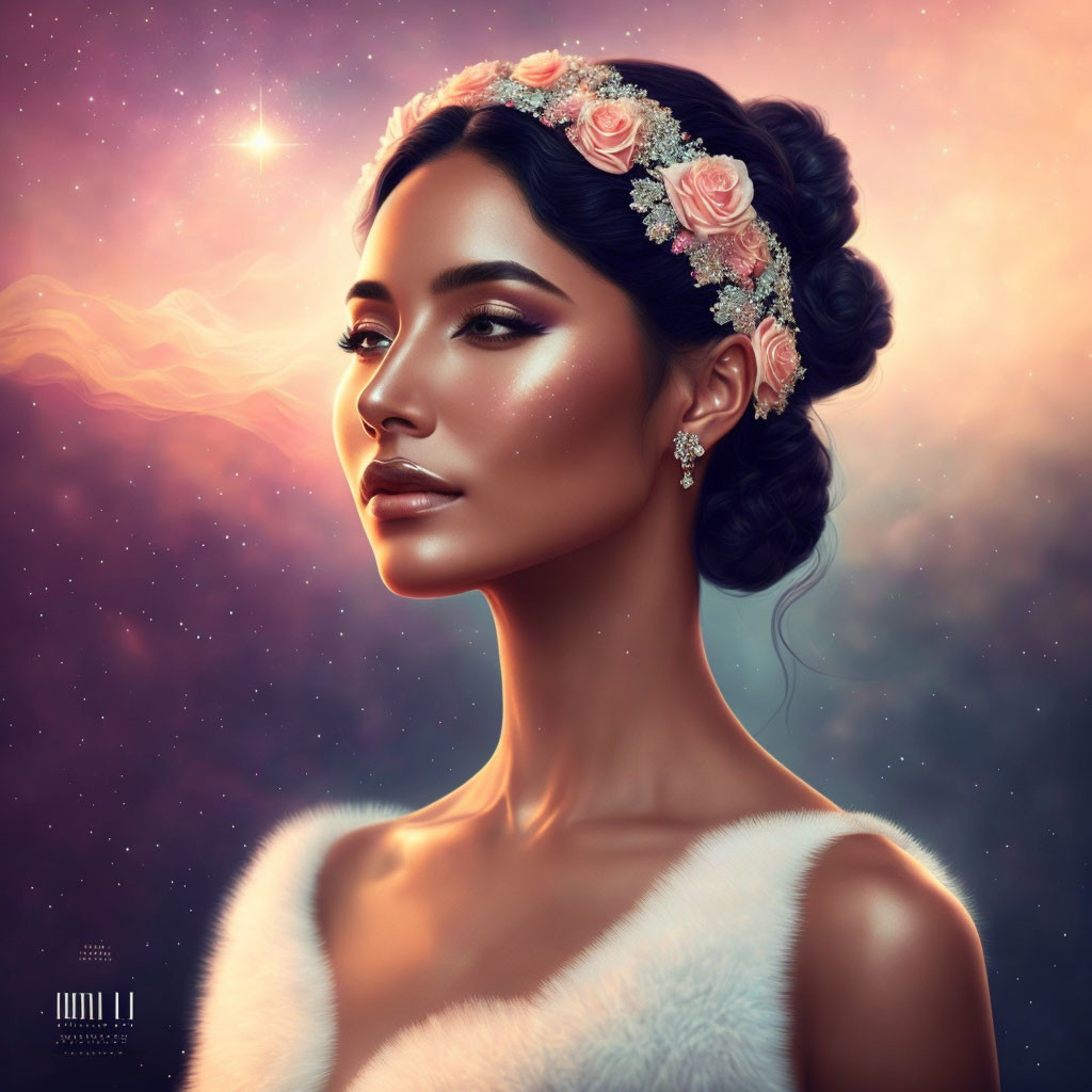 Woman with Floral Headband in Cosmic Setting and Star, Fur Shawl