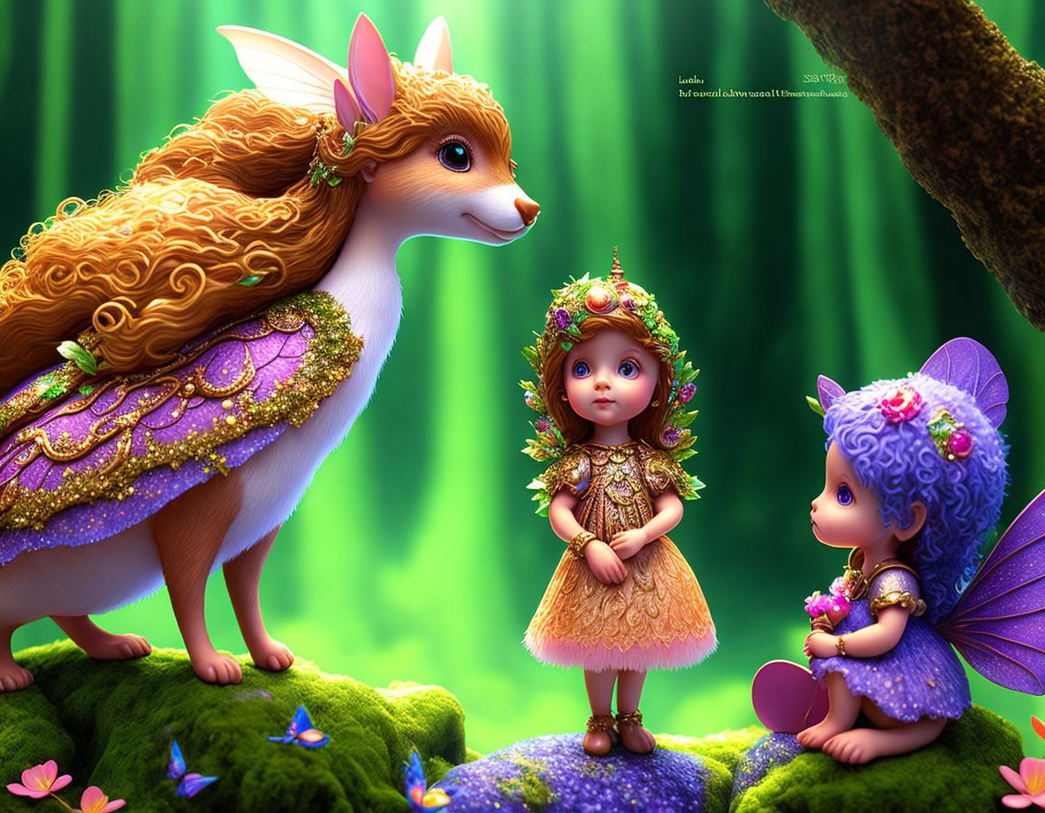 Illustration of golden fox with fairy children in vibrant forest