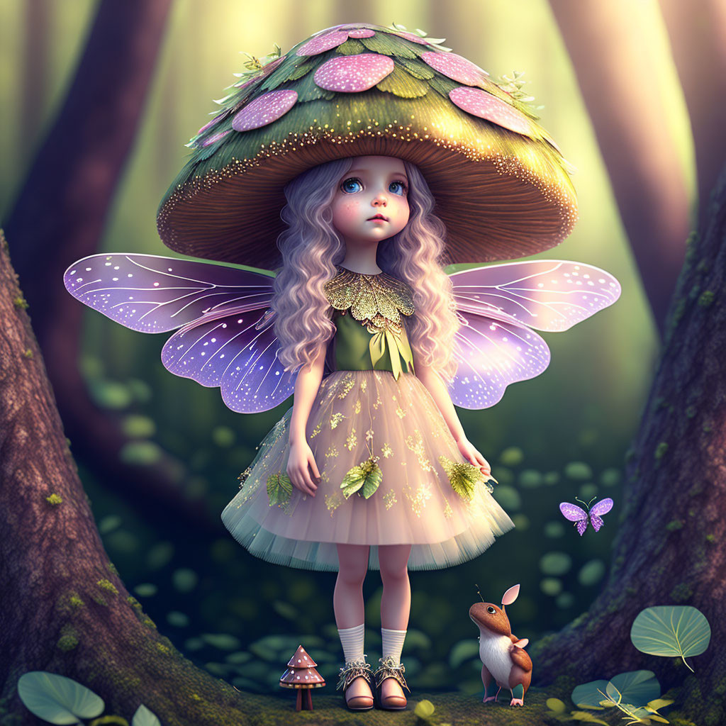 Whimsical doll-like character with butterfly wings in forest setting.