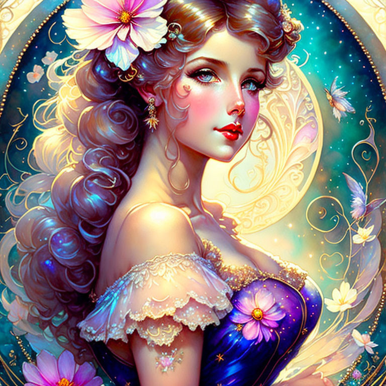 Fantasy woman portrait with curly hair, flowers, jewelry, and blue floral background