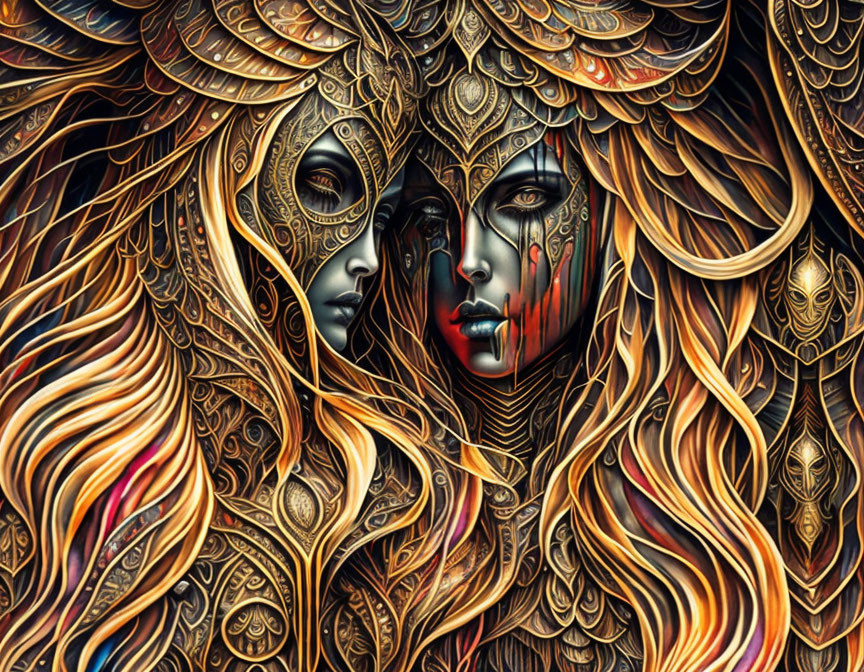 Abstract artwork showcasing two stylized faces with golden patterns and textures