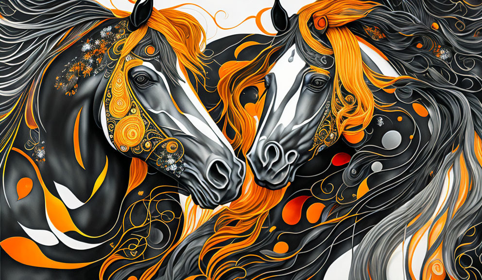 Stylized horse illustration with vibrant orange and black colors