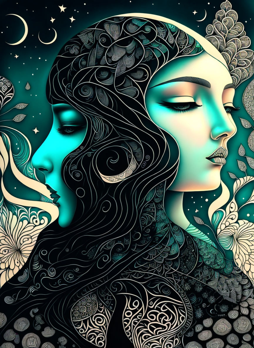 Stylized female profile faces with intricate celestial motifs