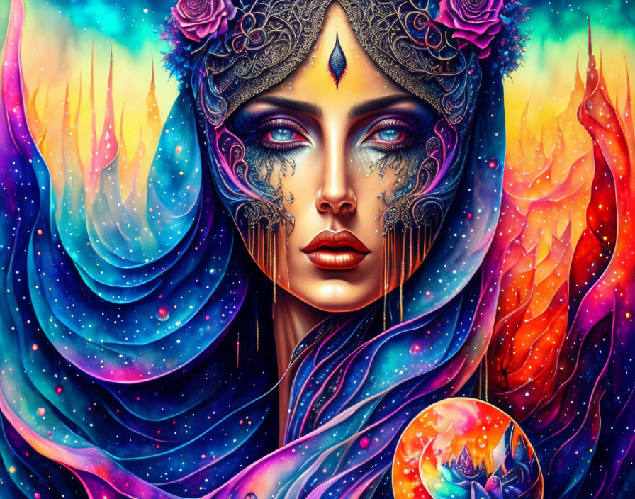 Cosmic-themed digital painting of a woman with jewel headdress