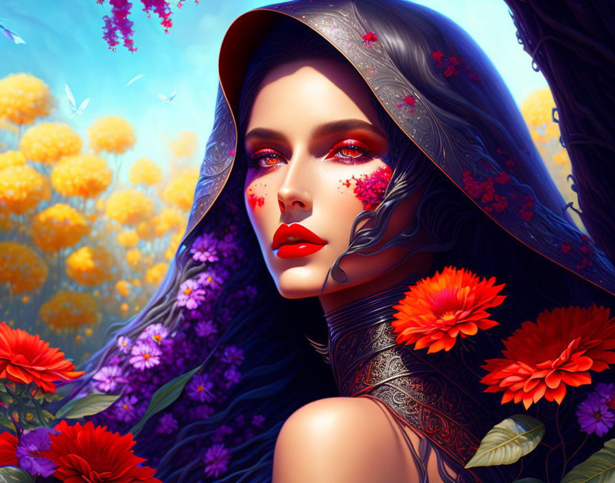 Digital artwork: Woman with dark hair, red lips, floral tattoos, vibrant flowers, blue sky