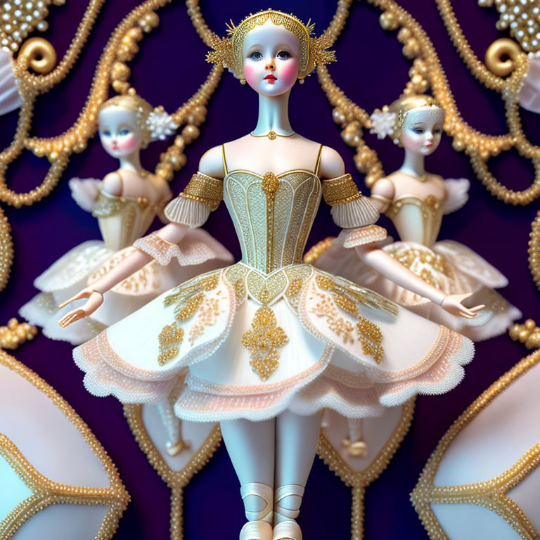 Porcelain ballerina in golden and white costume with dancers on purple background