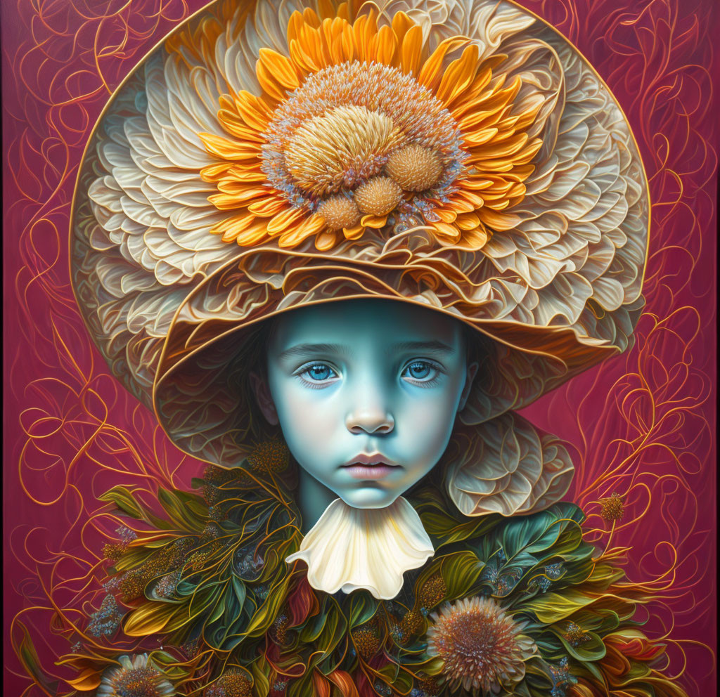 Colorful child illustration with blue skin, sunflower hat, and floral collar