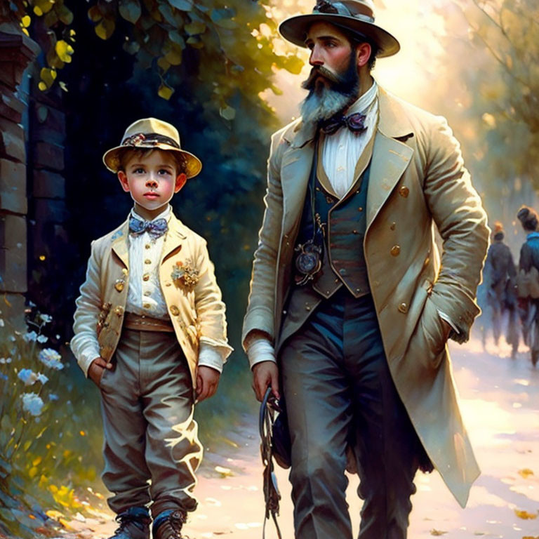 Vintage-dressed man and boy on sunlit path with bystanders