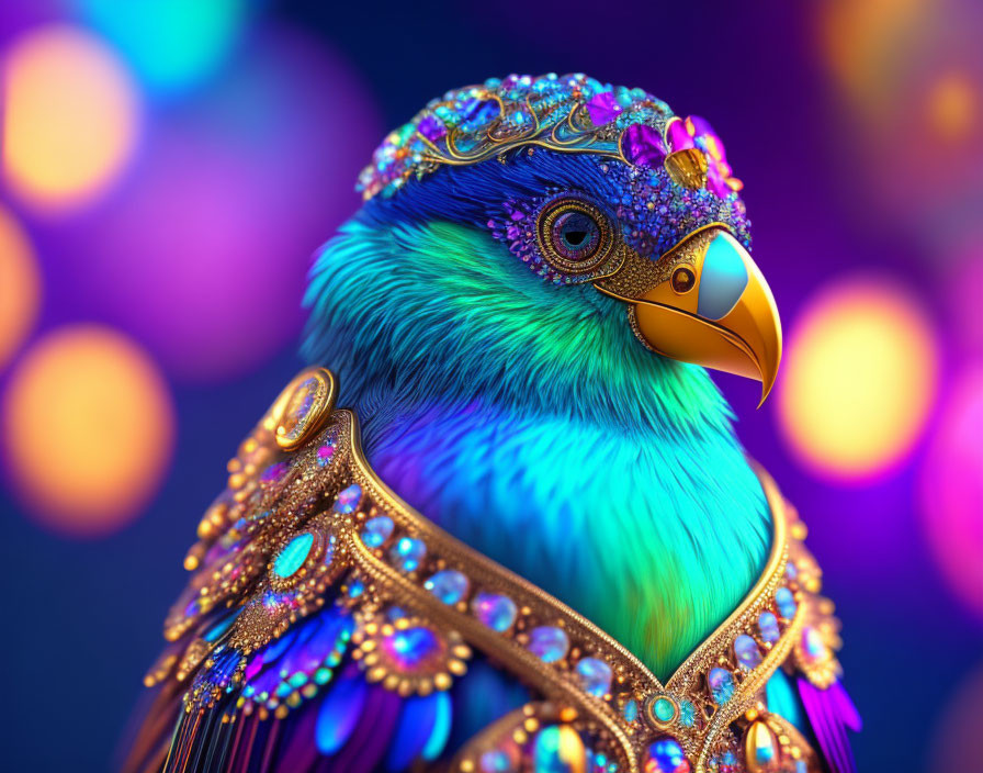 Colorful Bird Artwork with Jewel-Encrusted Crown and Collar