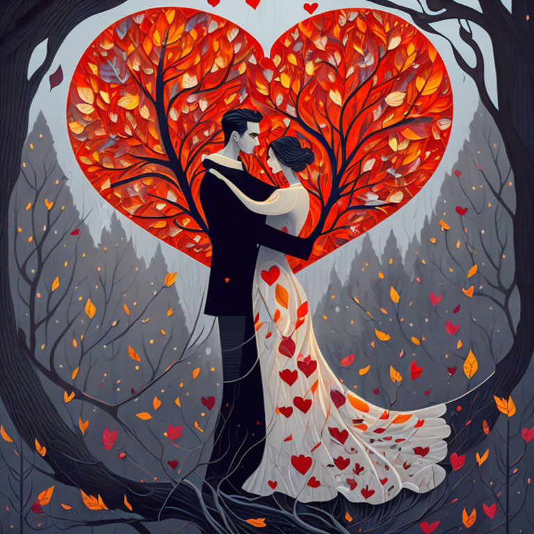 Illustrated Couple Embraces in Heart-Shaped Forest Canopy