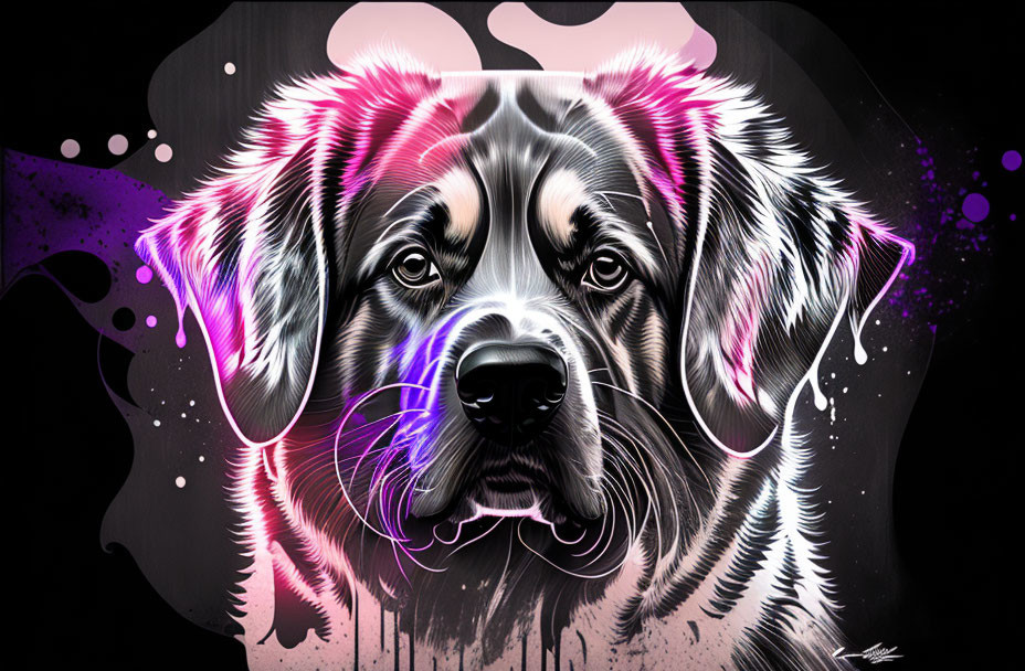 Realistic Dog Artwork with Neon Pink and Purple Hues