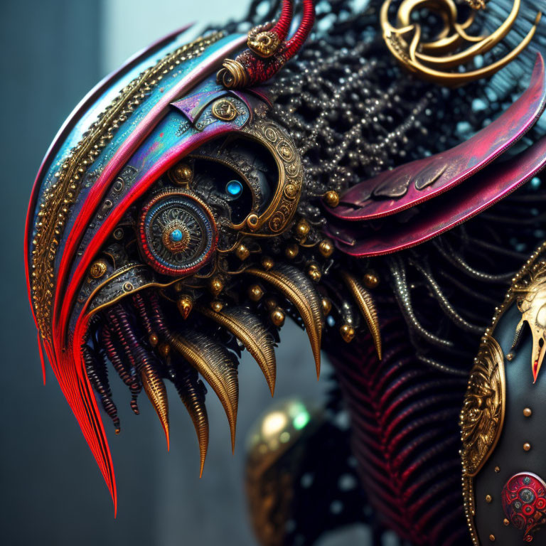 Detailed Steampunk Headdress with Metallic, Red, and Ornate Design