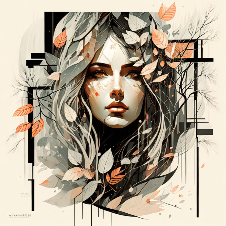 Detailed autumn-themed woman's face illustration with geometric shapes and leaves.