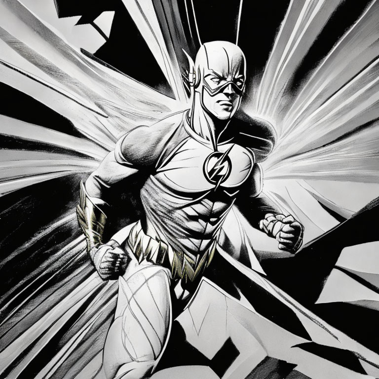 Muscular superhero with lightning bolt emblem in black and white illustration