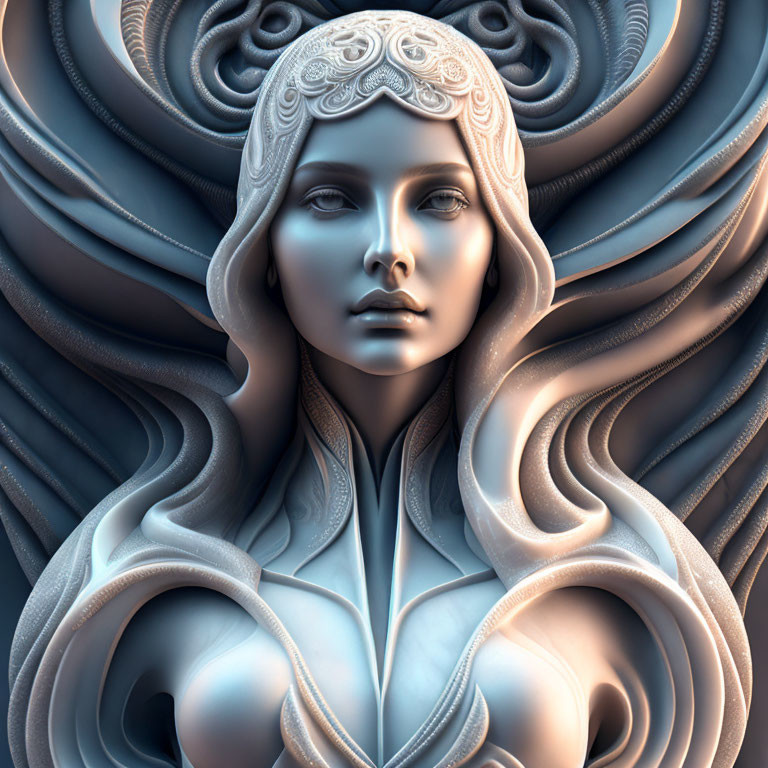 Monochromatic blue 3D digital artwork of woman's face