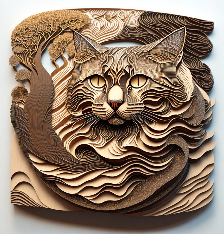 Layered 3D Paper Art: Cat Face with Tree Motif Background