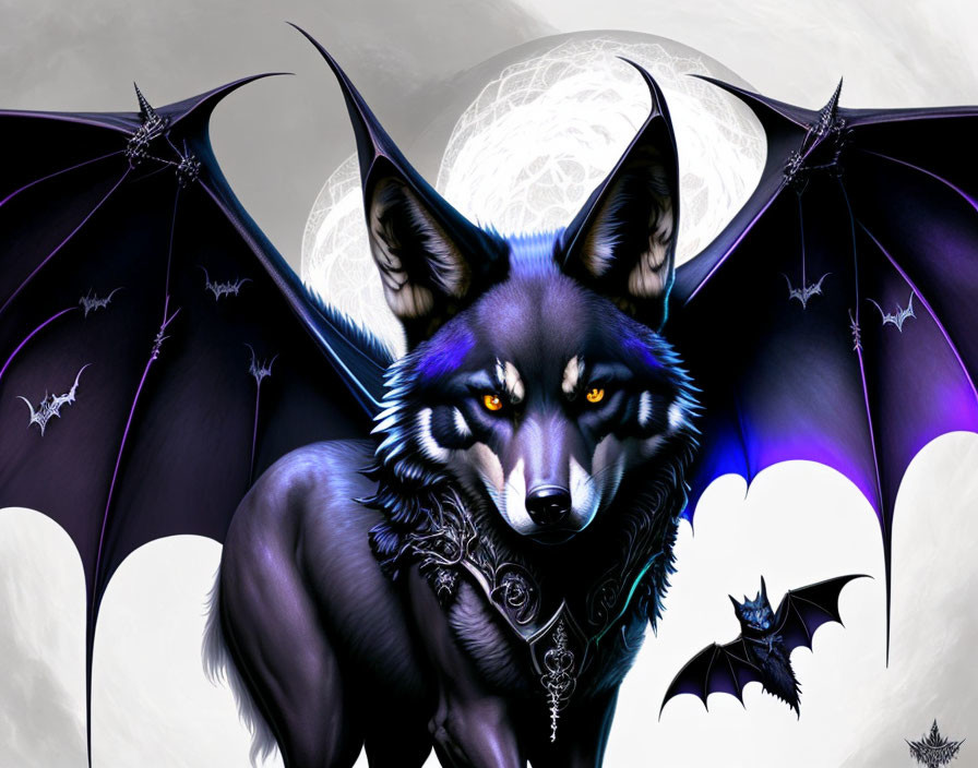 Fantasy wolf with bat-like wings under full moon