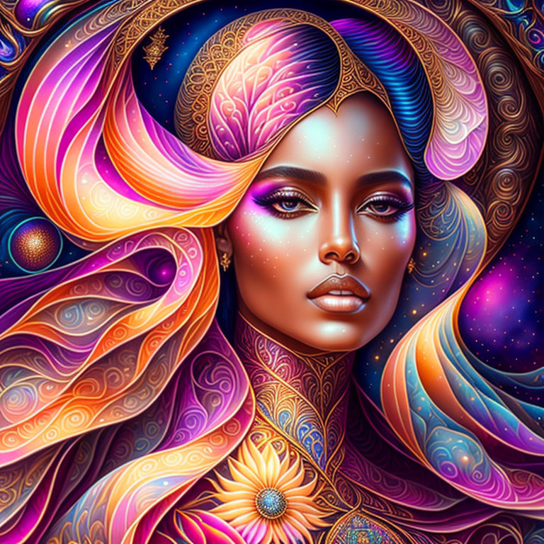 Colorful Stylized Woman in Cosmic and Floral Motifs