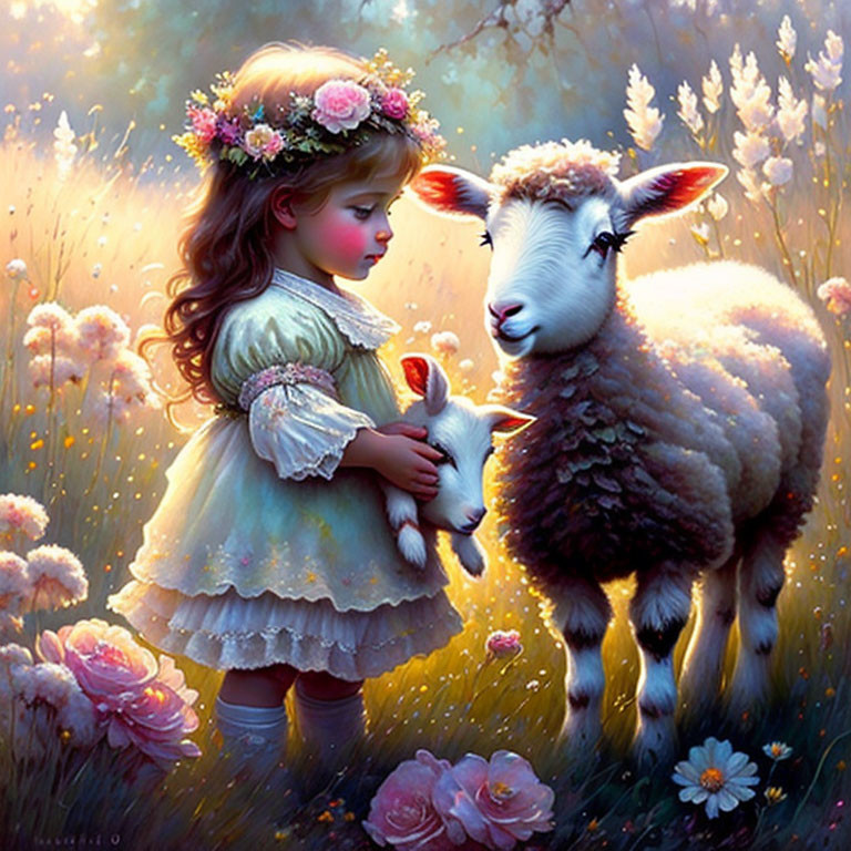 Young girl with floral wreath cuddles lamb in twilight meadow