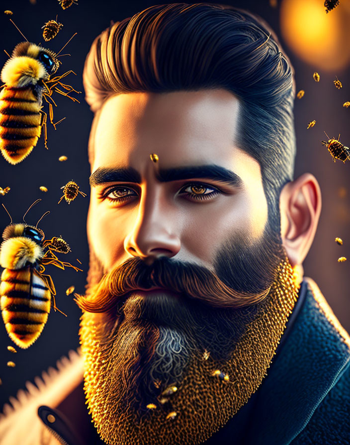 Illustrated man with beard and bees on dark backdrop