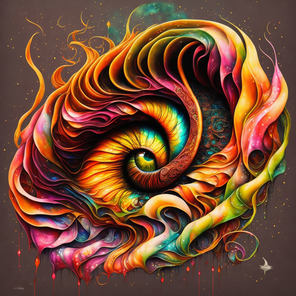 Colorful surreal painting: Detailed eye with fiery swirls