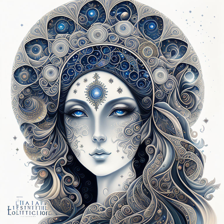 Intricate Cosmic and Floral Blue Portrait with Starry Gaze