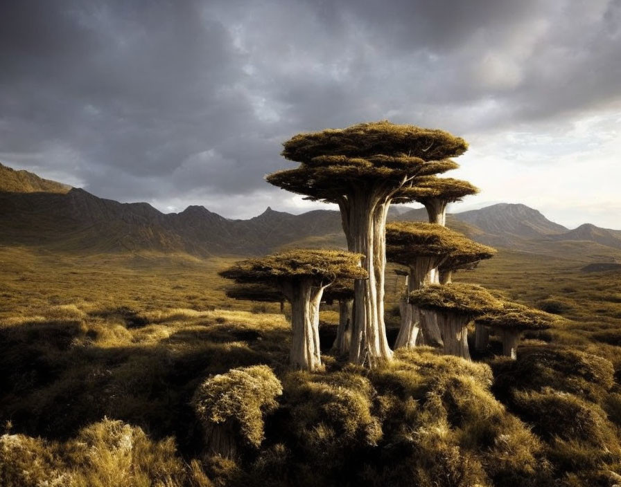 Unique Baobab-like Trees in Vast Grassland Beneath Dramatic Sky