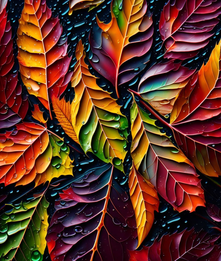 Symmetric arrangement of vibrant, multicolored autumn leaves with water droplets