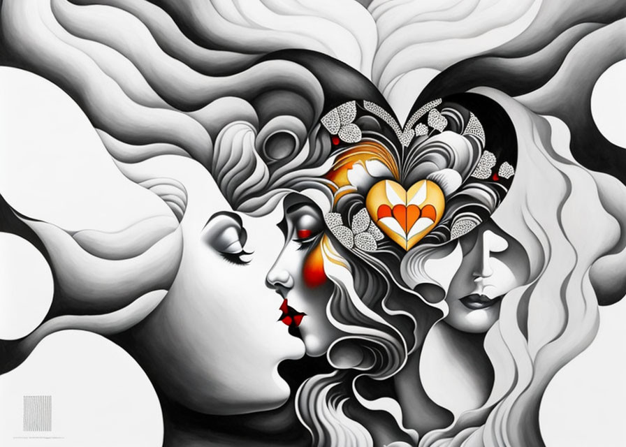 Black and White Illustration of Two Female Profiles with Wavy Hair and Colorful Heart