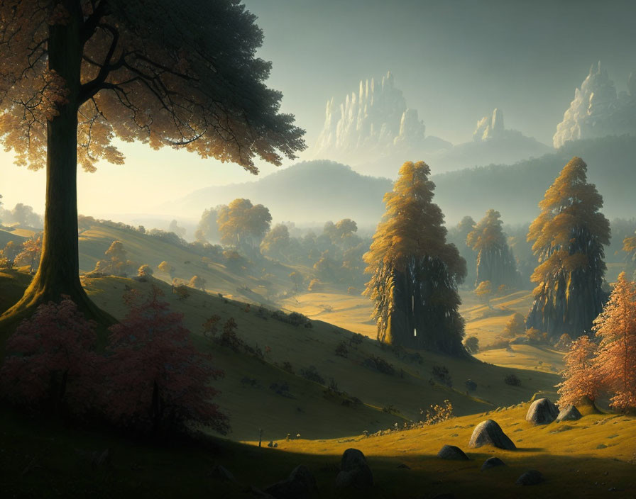 Sunlit forest landscape with rock formations & grassy hills