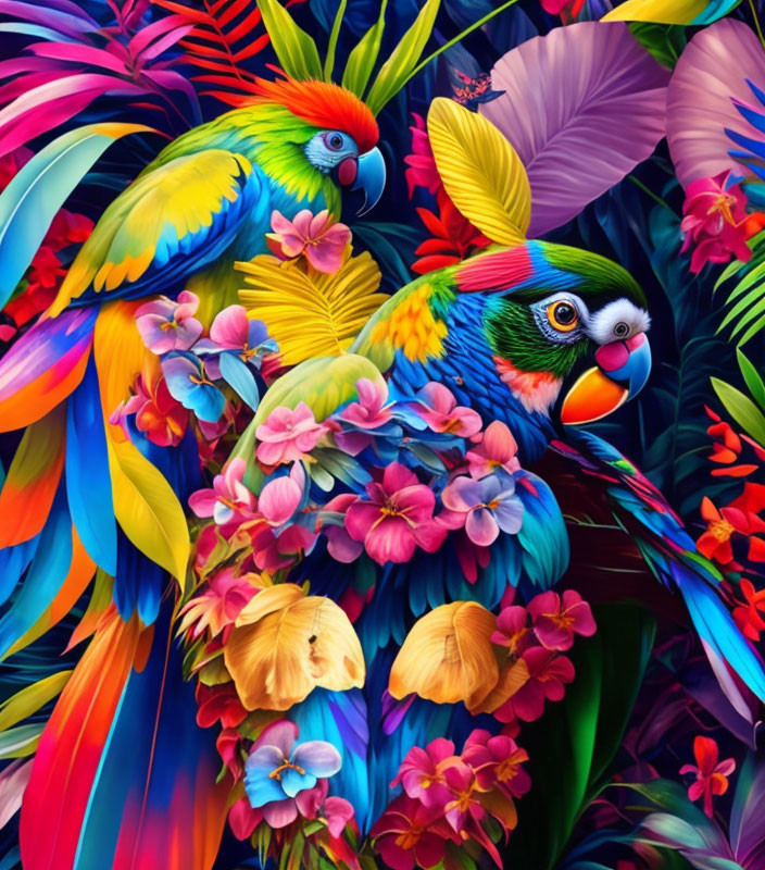 Colorful Tropical Flowers with Vibrant Parrots