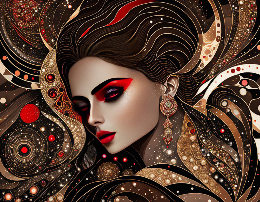 Intricate digital artwork: Woman with flowing hair, red eyeshadow, golden earrings