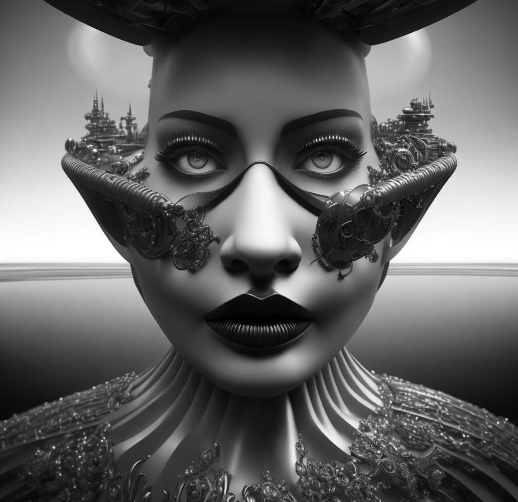 Monochromatic surreal female figure with ornate headgear and mechanical details