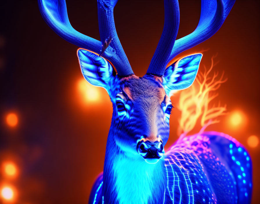 Vibrant blue deer on orange background with bokeh lights