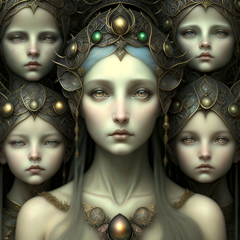 Ethereal portrait of four figures in ornate headdresses