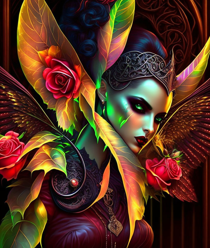 Fantasy figure with butterfly wings, roses, jewelry, and glowing makeup