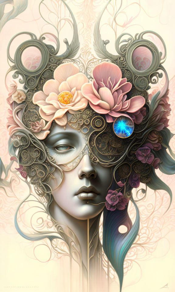 Detailed Feminine Figure Artwork with Floral Headpiece in Pastel Tones