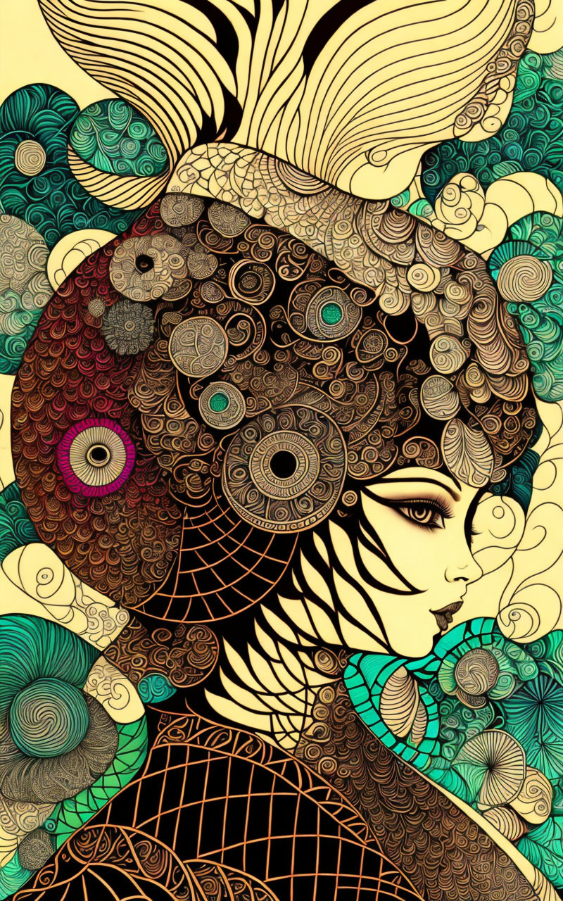 Colorful abstract artwork of woman with nature-inspired patterns in hair