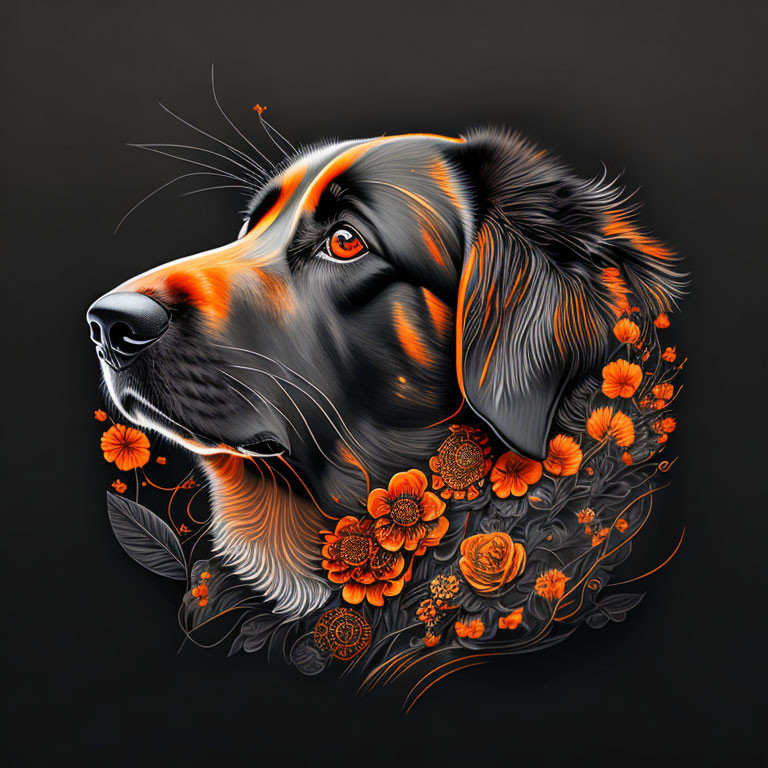 Detailed Black and Orange Dog with Floral Patterns and Butterfly on Nose on Dark Background