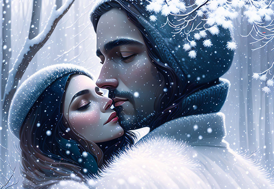 Romantic couple embracing in snowy setting