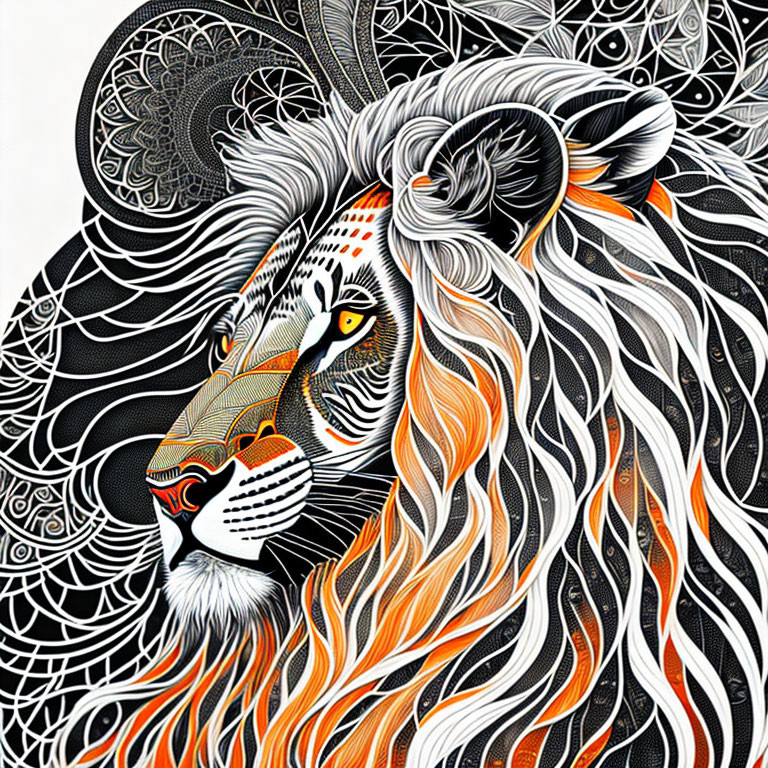 Detailed black and white lion illustration with orange accents