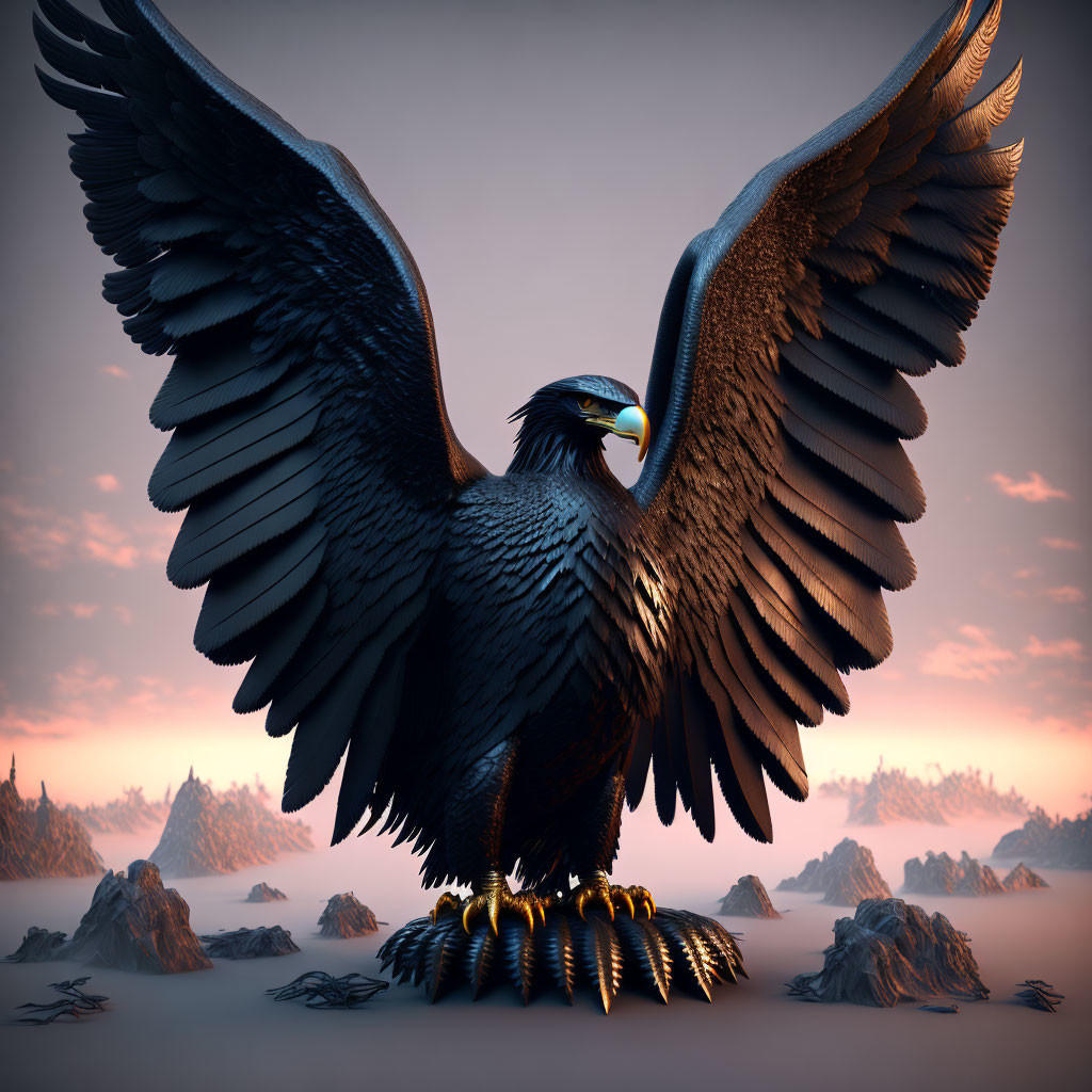 Digital eagle soaring against dusky sky on rocky terrain