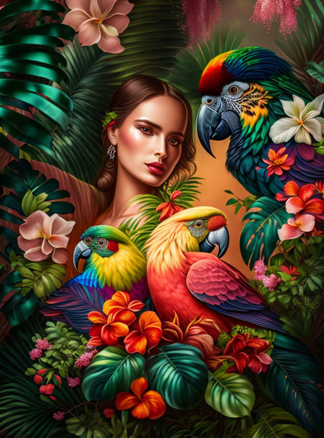 Woman in Tropical Setting with Colorful Parrots