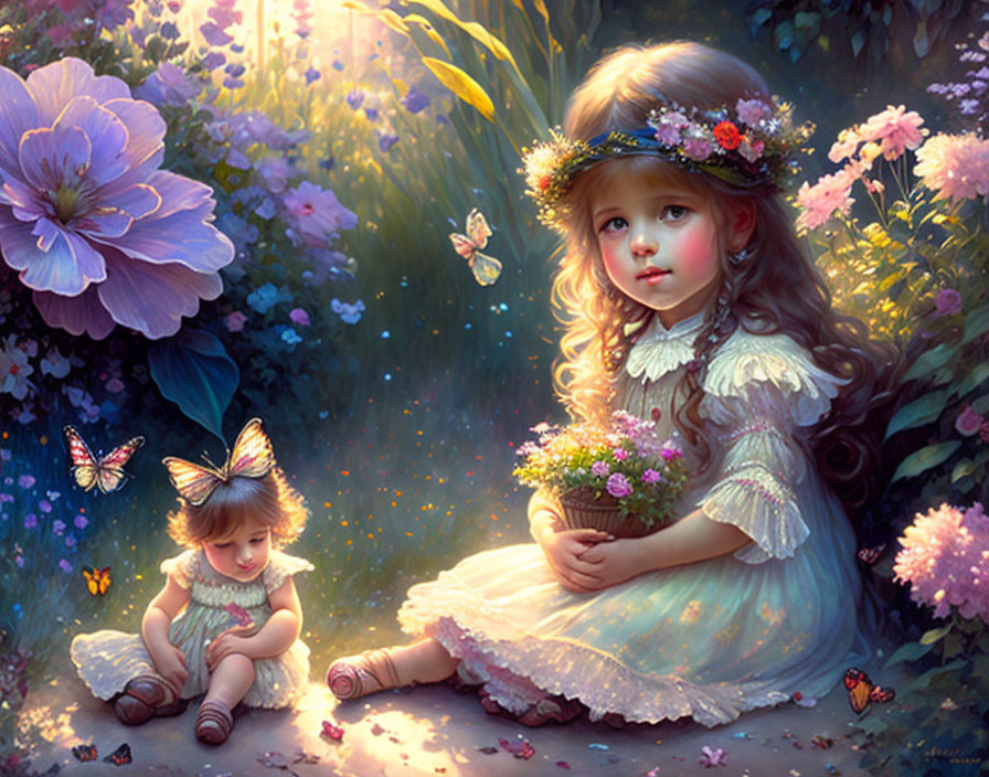 Two young girls in flower garden with butterflies