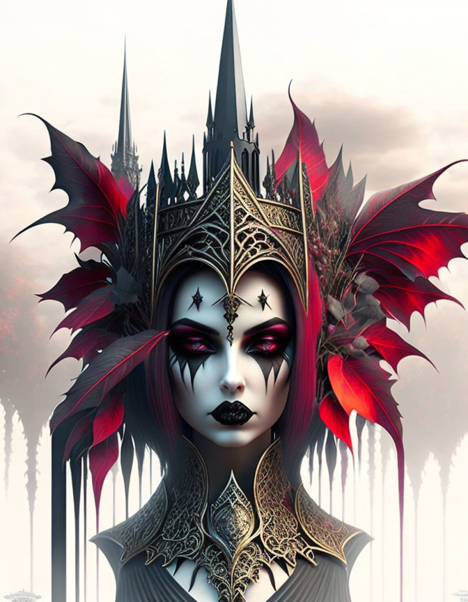 Gothic crown and dark makeup on female figure in eerie setting